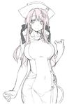  breasts highres large_breasts long_hair monochrome sakuya_tsuitachi simple_background sketch smile solo white_background 