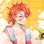  1boy antenna_hair earrings fire_emblem fire_emblem_engage floating_hair gold_earrings highres jewelry looking_at_viewer male_focus max_art149 messy_hair orange_hair pandreo_(fire_emblem) topless_male yellow_eyes 