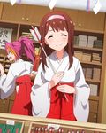  ^_^ arrow brown_hair closed_eyes hakama hamaya headband idolmaster idolmaster_million_live! japanese_clothes long_hair looking_at_viewer maihama_ayumu miko multicolored_hair multiple_girls official_art pink_hair red_hakama streaked_hair tanaka_kotoha 