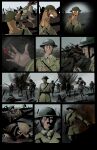 absurd_res ambiguous_species anthro armor art_shift backpack barbed_wire blood blood_on_face blood_on_hand bodily_fluids canid canine charge clothed clothing comic corpse dead_eyes death explosion goeliath group gun handgun head_explosion headgear helmet hi_res human lieutenant male mammal military mustelid musteline outside pistol ptsd ranged_weapon realization rifle running shell_shock silhouette soldier stoat trench trench_warfare true_musteline war warrior weapon weasel world_war_1 wounded