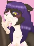 adoration anthro black_tie_(suit) blowjob_face bodily_fluids clothing cum domestic_cat drooling duo ecstasy fawxine felid feline felis fellatio fellatio_pov female genital_fluids hair hi_res love male male/female mammal nonbinary_(lore) oral orgasm penile purple_hair sabrina saliva sex solo_focus submissive submissive_female suit tuxedo_cat worship yellow_eyes