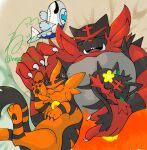  :3 animal_focus animal_hands black_fur cat claws closed_eyes evolutionary_line fangs flower full_body highres incineroar litten negoto_o0zz no_humans orange_fur pokemon pokemon_(creature) red_fur sleeping stuffed_toy torracat white_flower wishiwashi wishiwashi_(solo) yellow_background 