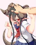  arm_grab black_hair blush collarbone commentary dragon_girl dragon_horns dragon_tail dream_demon fangs full-face_blush gradient gradient_background horned_girl_(dream_demon) horns long_hair monster_girl one_eye_closed open_mouth original petting pleated_skirt pointy_ears red_eyes school_uniform serafuku skirt solo tail very_long_hair wince 