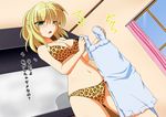  1girl animal_print apron bangs blonde_hair blush bra breasts cleavage cowboy_shot curtains d: dutch_angle green_eyes half_updo highres holding indoors kurenaidahlia leopard_print lingerie looking_at_viewer medium_breasts mizuhashi_parsee navel open_mouth panties pointy_ears solo standing text_focus touhou translated triangle_mouth underwear underwear_only window 