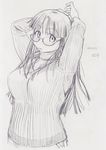  blush breasts dated glasses graphite_(medium) kobayakawa_horan large_breasts long_hair monochrome nekokami open_mouth original plump sketch solo sweater traditional_media 