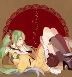  character_name dress food food_themed_hair_ornament fruit green_eyes green_hair hair_ornament hatsune_miku high_heels kneehighs long_hair p0ckylo solo strawberry strawberry_hair_ornament strawberry_miku tears twintails very_long_hair vocaloid 