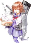  anchor brown_hair hair_ornament hairclip ikazuchi_(kantai_collection) kantai_collection laundry laundry_basket long_sleeves looking_at_viewer machinery open_mouth pantyhose red_eyes short_hair solo traditional_media translated turret yanami 