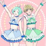  24island 2boys :d ;d absurdres ahoge aqua_eyes aqua_hair arm_up belt blue_bow blue_choker blue_overskirt blue_shirt blue_skirt blush bow brown_hair chest_bow choker collarbone crop_top crossdressing ensemble_stars! frilled_skirt frilled_sleeves frills green_bow green_choker green_eyes green_overskirt green_shirt green_skirt highres holding_hands idol idol_clothes layered_skirt male_focus midriff multiple_boys navel one_eye_closed open_mouth overskirt pink_background shinkai_kanata shirt short_hair skirt smile star_(symbol) star_symbol_background swept_bangs takamine_midori white_belt wrist_cuffs 
