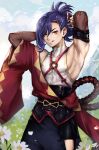  1boy absurdres bare_shoulders blue_hair fire_emblem fire_emblem_engage folded_ponytail highres japanese_clothes kagetsu_(fire_emblem) long_hair looking_at_viewer male_focus max_art149 smile solo yellow_eyes 