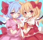  animal_ears ascot bat_wings blonde_hair blue_hair blush bow cat_ears cat_tail crystal family fang flandre_scarlet hair_bow hair_ribbon heart holding_hands jewelry kemonomimi_mode looking_at_viewer multiple_girls no_hat no_headwear one_eye_closed open_mouth paragasu_(parags112) pink_eyes ponytail puffy_sleeves red_eyes remilia_scarlet ribbon sash shirt short_hair short_sleeves siblings side_ponytail simple_background sisters skirt skirt_set smile tail tongue tongue_out touhou vest white_shirt wings wristband 