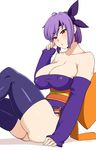  ayane_(doa) bare_shoulders blush breasts cleavage covered_nipples dead_or_alive detached_sleeves headband highres large_breasts obi panties parted_lips purple_hair red_eyes sash short_hair sitting skindentation sleeves_past_wrists solo thighhighs underwear zonda_(solid_air) 