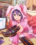  :d animal_ears animal_hood blush bunny_ears bunny_hood character_request company_connection controller fluffy_legwear game_controller gamepad hood hoodie idolmaster idolmaster_million_live! jack-6 kuma_(tekken) lili_(tekken) looking_at_viewer loungewear mochizuki_anna namco official_art open_mouth smile socks striped striped_legwear tekken textless thighhighs 