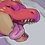 ambiguous_gender anthro dinosaur eyes_closed fossil_fighters gravitysinning open_mouth open_smile prehistoric_species reptile scalie shanshan_(fossil_fighters) simple_background slimy_tongue smile solo tongue tongue_out wet_tongue
