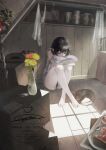  1girl absurdres attic barefoot black_hair blanket box bread bread_slice cat commentary_request flower food highres holding holding_blanket indoors mochimochi_kashiwa original pointy_ears sitting solo spoon vase wooden_floor 