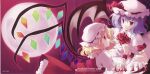  2girls absurdres album_cover ascot bat_wings blonde_hair blouse bow color_halftone cover crease crystal_wings dancing dot_nose dress eye_contact fang flandre_scarlet frilled_dress frilled_wrist_cuffs frills hat hat_bow highres holding_hands interlocked_fingers looking_at_another mizuse_kiseki mob_cap multiple_girls non-web_source open_mouth parted_lips pink_hat pink_shirt puffy_short_sleeves puffy_sleeves purple_eyes purple_hair red_ascot red_bow red_eyes red_skirt red_wrist_cuffs remilia_scarlet scan scan_artifacts shirt short_hair short_sleeves skirt skirt_set touhou white_shirt wings wrist_cuffs 