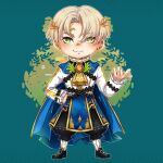  1boy alfred_(fire_emblem) ascot blonde_hair blue_cape cape circlet fire_emblem fire_emblem_engage gem green_eyes highres looking_at_viewer male_focus max_art149 orange_gemstone prince short_hair smile yellow_ascot 