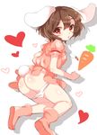  animal_ears ass back boots brown_hair bunny_ears bunny_tail carrot carrot_necklace heart inaba_tewi jewelry jumping looking_at_viewer looking_back necklace open_mouth panties paragasu_(parags112) pendant pink_footwear pink_skirt puffy_sleeves red_eyes short_hair short_sleeves simple_background skirt solo tail touhou underwear 