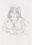  blush breasts cardigan dated fat glasses huge_breasts kobayakawa_horan long_hair monochrome nekokami open_mouth original plump sketch smile solo 