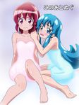  aino_megumi barefoot blue_eyes blue_hair glowing happinesscharge_precure! highres long_hair looking_at_viewer mameshiba multiple_girls open_mouth pink_eyes pink_hair precure shirayuki_hime sitting 