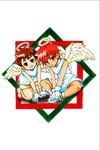  2boys all_fours angel blush child gloves halo kimotohajime male male_focus multiple_boys red_eyes red_hair sad short_hair shorts smile toga wings 