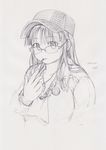  2013 blush breasts dated fat food glasses hat huge_breasts jewelry kobayakawa_horan long_hair monochrome mouth_hold necklace nekokami original plump pocky sketch solo 