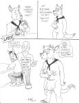 anthro bald bovid bovine breasts_and_udders burger cattle clothed clothing comic crossgender dialogue dipstick_ears dipstick_tail ear_markings english_text equid equine female flinters_(character) food fries fur group hair horn horse human hybrid kangaroo macropod male mammal markings marsupial mostly_nude mtf_crossgender multicolored_ears pouch_(anatomy) rabbi-tom scarf scarf_only tail tail_markings text
