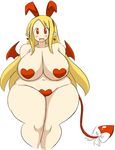  1girl blonde_hair breasts demon_girl disgaea earrings fat female flonne flonne_(fallen_angel) hair_ornament heart heart_maebari heart_pasties huge_breasts jewelry long_hair maebari navel nude open_mouth pasties pointy_ears red_eyes simple_background solo standing tail white_background wide_hips wings zeon_(pixiv722928) 