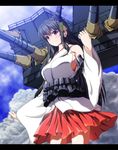  bare_shoulders black_hair blush breasts cannon cloud day detached_sleeves fusou_(kantai_collection) hair_ornament highres japanese_clothes kantai_collection large_breasts long_hair nontraditional_miko red_eyes skirt sky smile solo turret wrwr 
