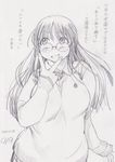  blush breasts dated glasses huge_breasts kobayakawa_horan long_hair monochrome nekokami open_mouth original plump school_uniform solo sweater v 