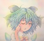  blue_eyes blue_hair bow cirno graphite_(medium) hair_bow hand_on_own_face highres looking_at_viewer one_eye_closed open_mouth pastel_(medium) pink_background short_hair silver_eyes simple_background solo tears touhou traditional_media upper_body watercolor_(medium) wings yuyu_(00365676) 