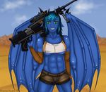  asato black_nails blue_dragon blue_hair blue_skin clothing cloud cyan_hair desert dragon eliana eliana-asato ena female green_eyes gun hair horn long_hair outside piercing ranged_weapon sand shorts sky smile standing weapon wings 