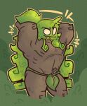 absurd_res ankama big_muscles bottomwear clothed clothing confident confident_male dark_body dark_skin digital_media_(artwork) dofus elemental_creature facial_hair flora_fauna forest frown_eyebrows grass_hair green_hair hair hands_behind_head hi_res humanoid kofikrumble leaf_clothing loincloth long_hair male mammal muscular muscular_humanoid muscular_male no_pupils pecs plant ponytail pose sadida shrub simple_background smile solo taz_(kofikrumble) thong tree underwear