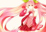  cherry food fruit hatsune_miku hiroimu long_hair pink_hair red_eyes sakura_miku skirt tie twintails vocaloid 