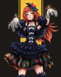  1girl aqua_eyeshadow bandaged_arm bandaged_hand bandages black_dress bow dress eyeliner eyeshadow facial_mark fire_emblem fire_emblem_engage fur_sleeves highres long_hair makeup max_art149 orange_hair panette_(fire_emblem) red_eyeliner short_bangs stitched_mouth stitches white_bow 