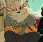  1boy arcanine artist_name black_pants book claws closed_mouth english_commentary furry furry_male grey_shirt holding holding_book looking_at_viewer male_focus only_jerry open_book pants patreon_logo pokemon pokemon_(creature) red_eyes shirt sitting train 