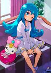  bare_legs blue_eyes blue_hair blush bow couch creature curtains dress full_body grin happinesscharge_precure! highres long_hair one_eye_closed pink_bow precure ribbon_(happinesscharge_precure!) shirayuki_hime shoes sidelocks sitting skirt smile sw white_dress 