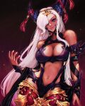  1girl asymmetrical_horns dragon_girl fire_emblem fire_emblem_engage hair_ornament hair_over_one_eye highres horns mature_female max_art149 pointy_ears revealing_clothes tan tassel tassel_hair_ornament uneven_horns zephia_(fire_emblem) 