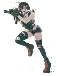  1girl ahoge aiming ammunition_pouch assault_rifle belt belt_collar black_belt black_panties black_thighhighs blue_eyes blue_shorts boots braid braided_bangs breasts brown_boots brown_hair casing_ejection cleavage closed_mouth collar commission crossed_bangs denim denim_shorts dog_tags ear_protection eotech exposed_pocket firing gloves green_gloves grey_sports_bra gun hair_between_eyes hair_bun handgun highres holding holding_gun holding_weapon holstered hybrid_sight lace-up_boots large_breasts load_bearing_vest looking_ahead m4_carbine magazine_(weapon) maxturbo69 mechanix_wear micro_shorts microphone mole mole_under_eye motion_blur open_fly optical_sight original panties panty_straps pouch rifle running shell_casing shorts side_braid simple_background single_hair_bun solo sports_bra suppressor thighhighs torn_clothes torn_shorts torn_thighhighs underwear vertical_foregrip weapon weapon_request white_background 