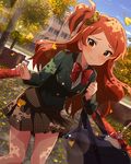  bag blazer blush brown_eyes brown_hair dappled_sunlight idolmaster idolmaster_million_live! jacket leaf lens_flare long_hair looking_at_viewer official_art one_side_up oogami_tamaki school_bag school_uniform skirt smile sunlight 