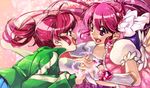  2girls aino_megumi cure_lovely dual_persona earrings eye_contact hair_ornament happinesscharge_precure! heart heart_hair_ornament holding_hands jacket jewelry long_hair looking_at_another magical_girl multiple_girls pink_background pink_eyes pink_hair pink_skirt ponytail precure puffy_sleeves short_hair skirt smile thighhighs white_legwear wrist_cuffs 