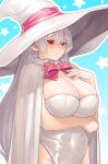  1girl arm_under_breasts blue_background blush boots breasts cape commentary_request covered_navel hat hat_ribbon highres huge_breasts jchoy large_hat leotard light_frown long_hair original pink_boots red_eyes ribbon solo star_(symbol) star_symbol_background white_cape white_hair white_hat white_leotard witch witch_hat 