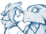 2018 ambiguous_gender anthro blush canine duo ears_back embarrassed feline female female/ambiguous fur guardian_(twokinds) hybrid kathrin_(twokinds) keidran kissing male mammal monochrome reptile scalie shocked simple_background sketch spots spotted_fur surprise tom_fischbach twokinds webcomic white_background 