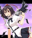  absurdres belt black_feathers black_wings brown_hair camera feathers hat highres looking_at_viewer open_mouth purple_sky red_eyes shameimaru_aya short_hair skirt sky smile solo tokin_hat touhou wings ximsol182 