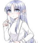  1girl 37kuki770 bag blue_eyes blue_hair blush bracelet braid breasts casual chinese_commentary commentary_request contemporary fate/grand_order fate/stay_night fate_(series) fingernails grabbing_own_hair jewelry long_fingernails long_hair long_sleeves looking_at_viewer medea_(caster)_(fate) medea_(fate) mixed-language_commentary parted_lips pointy_ears shoulder_bag side_braid simple_background solo sweater turtleneck turtleneck_sweater upper_body variant_set white_background white_bag white_sweater 