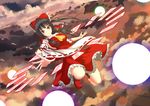  bare_shoulders black_hair bow danmaku detached_sleeves gmot hair_bow hair_tubes hakurei_reimu ofuda outstretched_hand ponytail red_eyes sky solo touhou 