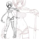  breasts long_hair looking_at_viewer md5_mismatch medium_breasts monochrome sakuya_tsuitachi simple_background sketch solo sword weapon white_background zoom_layer 