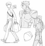  armor bad_id bad_pixiv_id bag breastplate dual_wielding emiya_shirou fate/stay_night fate_(series) full_body greyscale grocery_bag holding lancer long_hair long_sleeves looking_to_the_side monochrome multiple_boys pauldrons ponytail profile shopping_bag short_hair shoulder_pads simple_background spiked_hair sweater taa_(acid) walking white_background 
