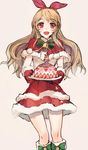  aikatsu! aikatsu!_(series) bell bell_collar blonde_hair boots bow cake capelet collar dress food fur_trim gloves hair_bow hoshimiya_ichigo long_hair makai_no_juumin red_eyes red_gloves santa_boots santa_costume santa_gloves solo 