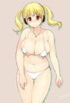  bikini blonde_hair blush breasts dated front-tie_top headphones jewelry large_breasts navel necklace nitroplus plump red_eyes sasamori_tomoe simple_background smile solo star star_necklace string_bikini super_pochaco swimsuit thigh_gap twintails white_bikini 