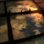  2girls cloud cloudy_sky commentary multiple_girls original outdoors pon_(cielo) puddle reflection rice_paddy scenery sky twilight water 